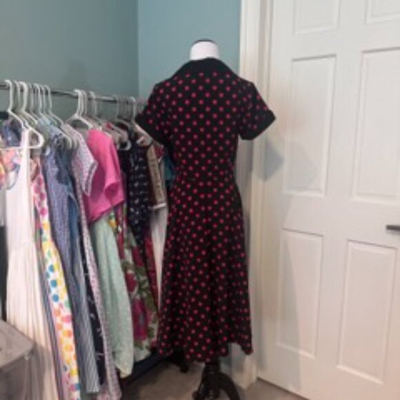 Unique Vintage Black & Red Polka Dot Alexis Shirtdress - Picture 2 of 3
